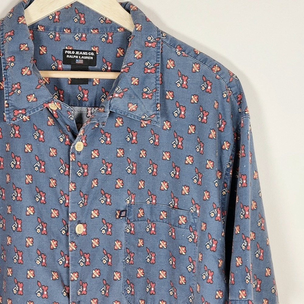 Vintage Ralph Lauren Polo Jeans Co Mens Shirt  XL Blue Short Sleeve Aztec Floral